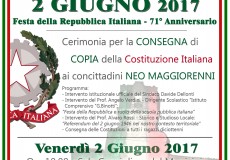 2 Giugno, cerimonia per consegna Costituzione Italiana ai concittadini neo maggiorenni